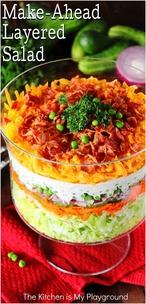 Make-Ahead Layered Salad in a glass trifle bowl Salad For A Crowd, Easy Campfire Meals, Camping Cooking Equipment, Layered Salad Recipes, Camping Hacks Food, Salads For A Crowd, Layered Salad, Easy Camping Meals, Make Ahead Desserts