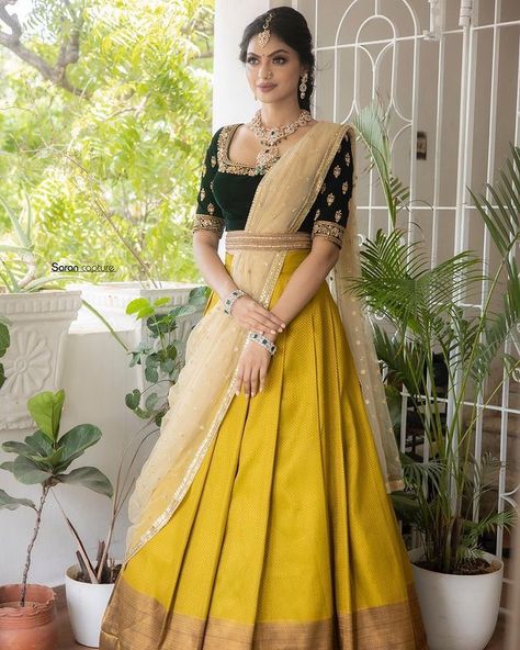 Chaniya Choli From Old Silk Saree, South Indian Lehenga Half Saree, Pattu Pavadai Designs Women, Half Saree Wedding, Half Saree Designs South Indian, Yellow Half Saree, Dhavani Set, South Indian Lehenga, Sabyasachi Lehengas