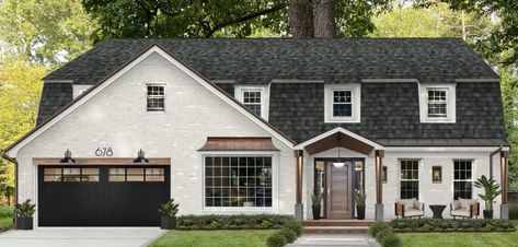 Our Review of Tricorn Black by Sherwin Williams - brick&batten Brick House Ideas, Painted White Brick House, Sherwin Williams Tricorn Black, White Brick House, Brick Ranch Houses, Painted Brick Exteriors, Tricorn Black, Paint Color Combos, Painted Brick House