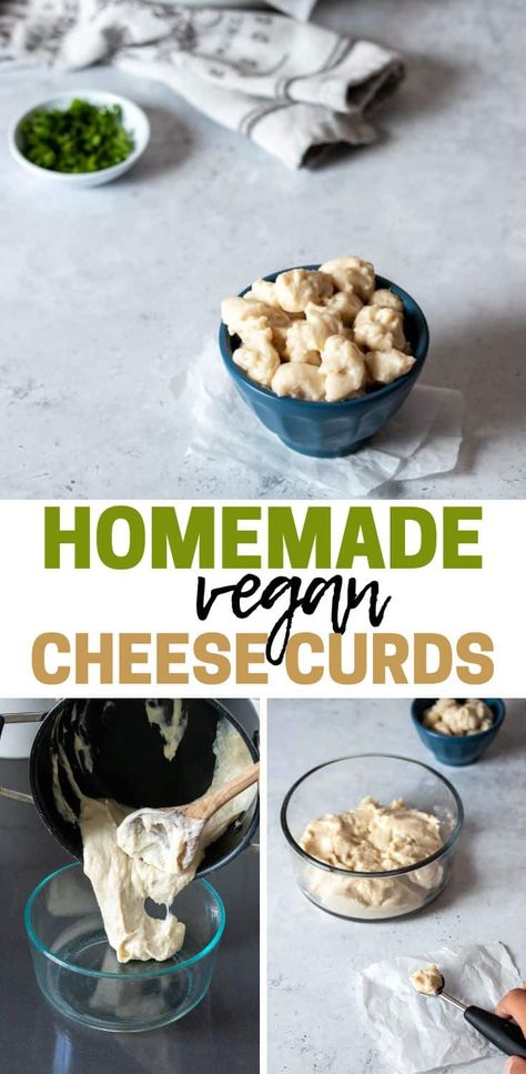 Making vegan cheese curds has never been easier. This simple recipe will give you the perfect topping for amazing vegan poutine! Cleanse Foods, Vegan Poutine, Easy Vegan Cheese, Homemade Vegan Cheese, Cheese Curds Recipe, Lentil Veggie Burger, Fried Cheese Curds, Vegan Tomato Soup, Vegan Cheese Recipes