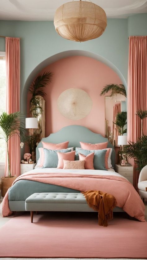 Indian Bedroom Ideas Interior Design, Light Teal Bedroom, Olive Walls, Indian Bedroom Ideas, Teal And Pink Bedroom, Pastel Architecture, Pink Green Bedrooms, Light Blue Bedroom, Blue Bedroom Walls