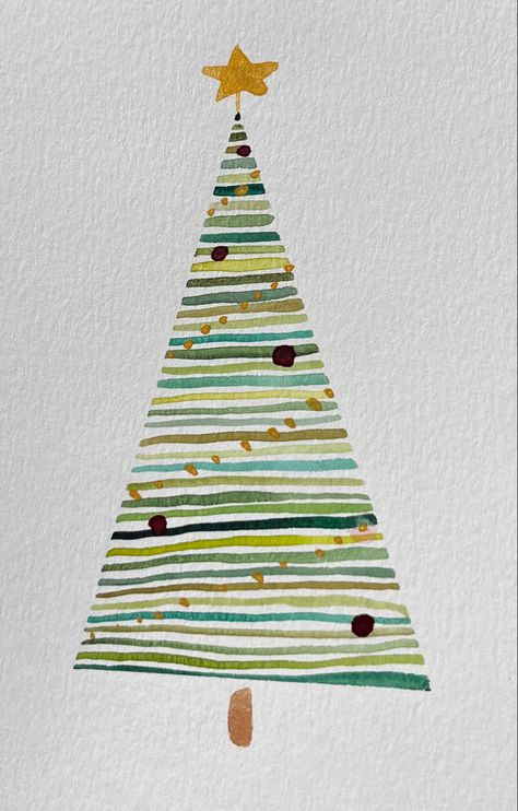 Simple Holiday Watercolor, Christmas Card Diy Easy, Acrylic Christmas Tree Painting, Easy Watercolour Christmas, Easy Watercolor Christmas Tree, Watercolour Christmas Tree, Easy Christmas Watercolour Painting, Happy New Year Card Ideas, Simple Christmas Art