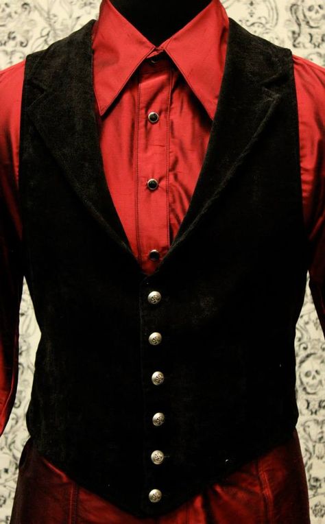 Red Dress Shirt Men Outfits, Modern Vampire Outfit Casual, Red Vest Outfit Men, Victorian Suit Mens, Wizards Robes, Aristocrat Vest, Victorian Gothic Fashion, Red Vest Outfit, Red Shirt Outfits