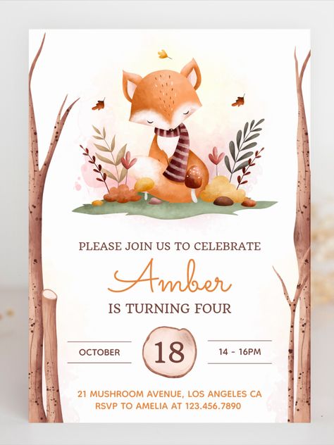 Fox Birthday Invitations, Woodland Birthday Party Girl, Forest 1st Birthday, 1st Birthday Template, Fox Invitation, Fox Autumn, Fall 1st Birthdays, Autumn Birthday, 1st Birthday Invitation Template