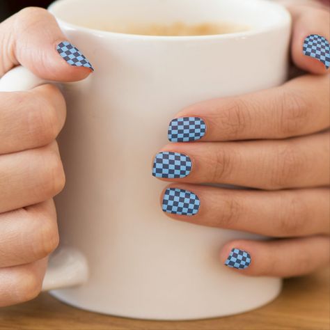 Blue Checkerboard Minx Nail Art Minx Nails, Blue Nail Art, Checkerboard Pattern, White Houndstooth, Manicure Set, Zig Zag Pattern, Nail Sizes, Blue Waves, Blue Polka Dots