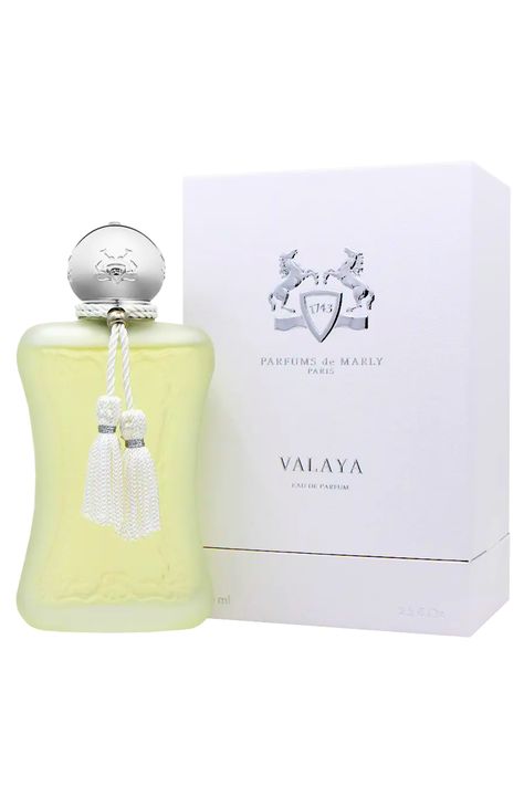 Valaya by Parfums de Marly is a Floral Fruity fragrance for women. This is a new fragrance. Valaya was launched in 2023. The nose behind this fragrance is Quentin Bisch. Top notes are Aldehydes, White Peach, Bergamot and Mandarin Orange; middle notes are Orange Blossom, Petalia, Lily-of-the-Valley, Vetiver, Nympheal™ and Mahonia; base notes are Musk, Ambroxan, Akigalawood and Vanilla. Manifestation Things, Perfume Sample, Parfums De Marly, Fragrance Samples, Perfume Samples, Luxury Fragrance, Treat Yourself, Brand Names, Fragrance