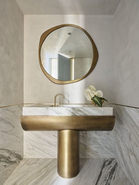 Poco Designs, Asymmetrical Bathroom, Toilet Design Modern, Mirror Home Decor, Irregular Mirror, Public Bathrooms, Washroom Design, Spa Decor, Vanity Design