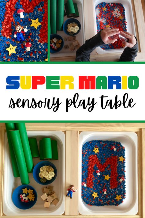 Super Mario Sensory Play Table Super Mario Sensory Bin, Mario Preschool Activities, Mario Sensory Bin, Super Mario Activities For Kids, Mario Bros Activities, Mario Activities For Kids, Super Mario Movie Night, Super Mario Activities, Mario Movie Night