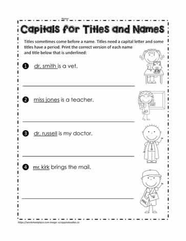 Capital Letters for Titles and Names for first graders. Worksheet For 1st Grade, Capital Letters Worksheet, Proper Nouns Worksheet, Types Of Nouns, Punctuation Worksheets, Nouns Worksheet, First Grade Worksheets, Proper Nouns, Grammar Skills