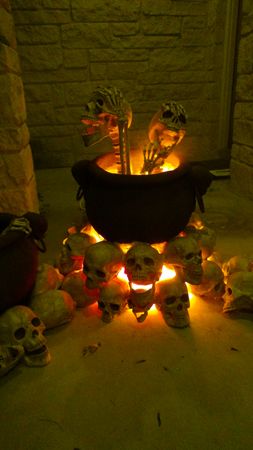 Diy Big Cauldron, Caldron With Bubbles, Haunted Kitchen, Fake Cauldron Fire, Cauldron With Bones, Spooky Office, Candy Cauldron, Halloween Bones, Witch’s Caldron