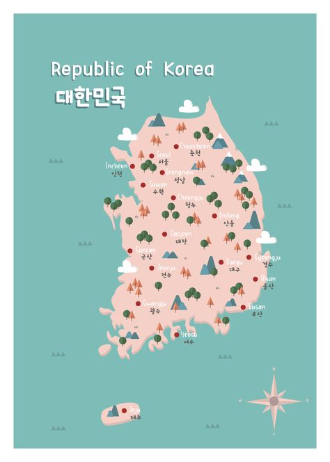 South Korea - map #southkorea #map #illustration Korea Illustration, Map Of Korea, South Korea Illustrations, South Korea Travel Map, Map Of South Korea, South Korea Language, Seoul Tourist Map, South Korea Map, South Korea Map Illustration