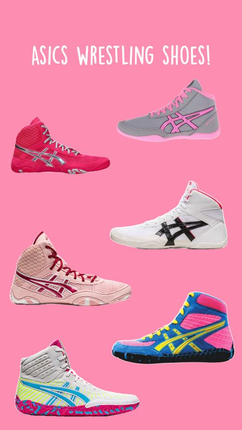 These are ASICS wrestling shoes, each shoe section like a stairway, with mixes of hot pink and multiple colors! Muted or bright. The background is a light peachy pink with writing at the top, ‘ASICS wrestling shoes!’ Shoes Collage, Asics Wrestling Shoes, Pink Asics, Shoes Asics, Wrestling Shoes, Wrestling Wwe, Shoes Pink, Money And Happiness, Wrestling