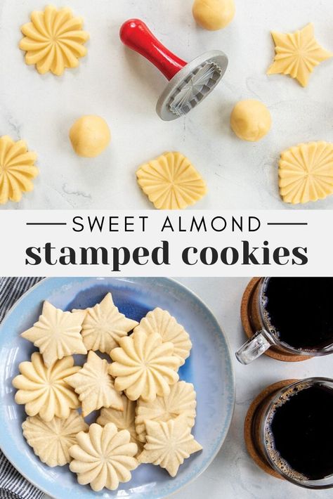 Shortbread Cookies Stamped, Beautiful Cookies Easy, Cookie Stamps Recipe, Imprint Cookies Recipe, Stamped Christmas Cookies Recipe, How To Use A Cookie Stamp, Shortbread Stamped Cookies Recipe, Cookie Stamp Recipes, Stamped Cookie Recipe