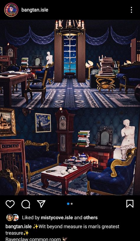 Acnh Ravenclaw, Acnh Harry Potter, Hogwarts Room, Dark Maximalist, Ravenclaw Common Room, Acnh Interior, Acnh Hhp, Acnh Cottagecore, Happy Home Paradise