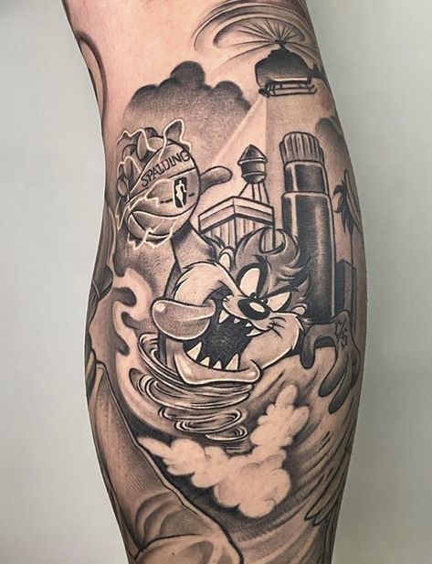 Looney Tunes Sleeve Tattoo, Family Portrait Tattoo Sleeve, Cartoon Leg Sleeve Tattoo, Tazmania Devil Tattoo, Cartoon Sleeve Tattoo, Cartoon Tattoos For Men, Looney Tunes Tattoo, Cartoon Tattoo Designs, Taz Cartoon