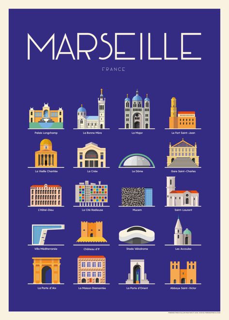 Affiche Marseille V.1 • Pierre Piech Illustration Marseille Poster, Poster Architecture, Saint Victor, Infographic Map, Marseille France, City Drawing, City Painting, Retro Travel Poster, Architecture Poster