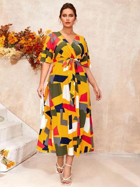 Plus Geo Print Colorblock Overlap Collar Belted Dress | SHEIN USA Overlap Dress, Geo Print, Belted Dress, Dress P, Plus Size Dresses, One Shoulder Dress, Color Blocking, Wrap Dress, Plus Size