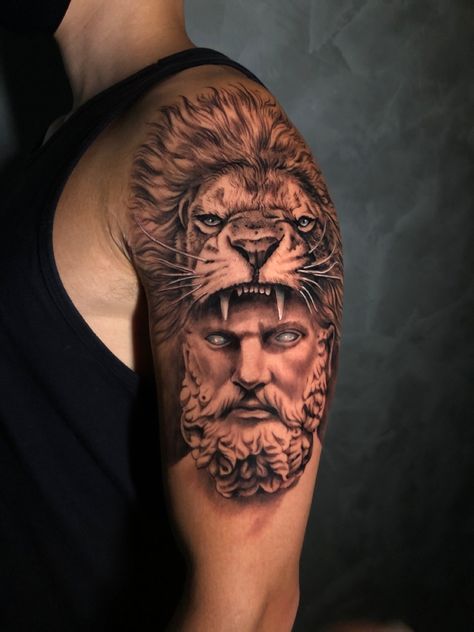 Hercules With Lion Head Tattoo, Zeus Lion Head Tattoo, Hercules Lion Head Tattoo, Lion Zues Tattoo, Zeus Lion Tattoo, Zeus And Lion Tattoo, Hercules Lion Tattoo, Hercules Tattoo Mythology, Hercules Tattoo Design