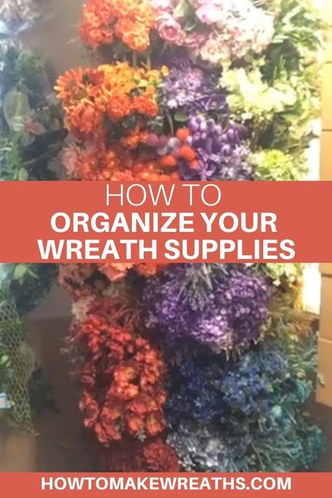 Wreath Supply Storage, Organizing Floral Supplies, Wreath Supply Organization, Wreath Room Organization, Wreath Making Craft Room Ideas, Floral Craft Room Organization, Wreath Storage Ideas Organizing, Flower Organization Ideas, Deco Mesh Storage Ideas