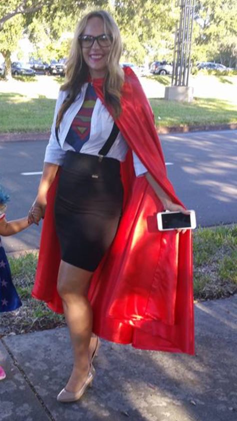 Women Superhero Costumes Diy, Quick Superhero Costumes Diy, Superhero Teacher Costume, Office Costume Ideas Women, Teacher Superhero Costume, Simple Superhero Costume, Superhero Dress Up Day At School, Super Hero Costumes Diy, Female Superhero Costumes Diy