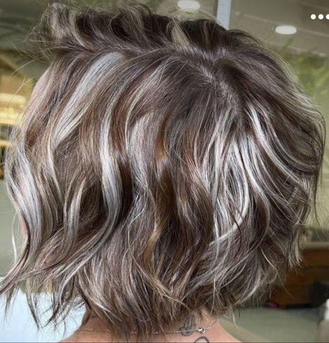 Blended Gray Hair Color, Blonde Hair With Purple Tips, Gray Highlights Brown Hair, Hair Dues, Grey Hair Looks, Grey Hair Transformation, Grey Curly Hair, Layered Haircuts For Medium Hair, Cute Short Haircuts