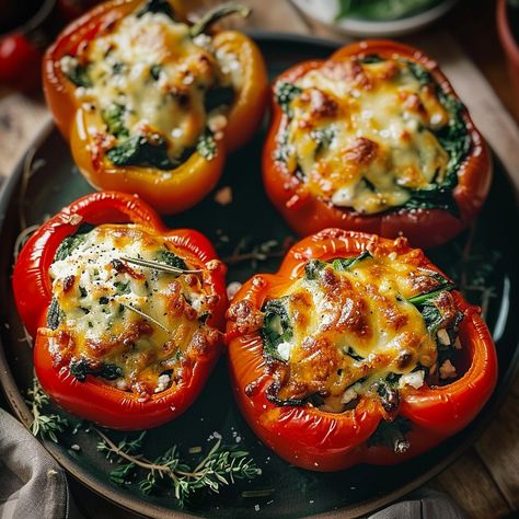 Spinach and Ricotta Stuffed Peppers - Simply Recipes - Fewer Worries, More Delight Spinach Ricotta Stuffed Peppers, Spinach And Ricotta Recipes, Ricotta Stuffed Peppers, Stuffed Red Peppers, Feta Stuffed Peppers, Red Pepper Recipes, Stuffed Vegetables, Quinoa Stuffed Peppers, Stuffed Peppers Healthy