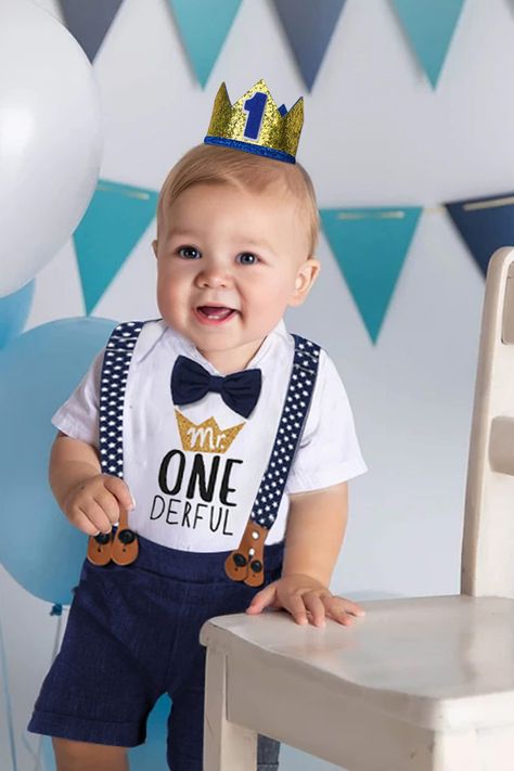 Baby boy's half/one birthday outfit is constructed of a high-quality cotton blend that is soft and stretchy, comfy, and safe for the child. Your baby boy will look dapper and adorable in these stylish Y-Shape suspender shorts with the traditional "Mr. Onederful" motif. #baby_boys #first_birthday #outfits Mr Onederful, Suspender Shorts, Baby Boy First Birthday, First Birthday Outfit, Birthday Outfits, First Birthday Outfits, Looking Dapper, Boy First Birthday, One Year Old