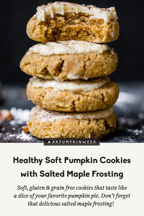 These healthy soft pumpkin cookies with an addicting salted maple frosting are absolutely delicious! These melt-in-your-mouth cookies are both gluten free and grain free and taste like a slice of your favorite pumpkin pie! #cookies #pumpkinrecipe #cookierecipe #healthycookies #healthydessert #glutenfreerecipe #glutenfreedessert #grainfreerecipe #grainfreedessert Gf Df Pumpkin Cookies, Paleo Pumpkin Cookies, Gluten Free Pumpkin Cookies, Pumpkin Cookies Healthy, Vegan Pumpkin Cookies, Cookies Sans Gluten, Grain Free Cookies, Nutritious Desserts, Soft Pumpkin Cookies