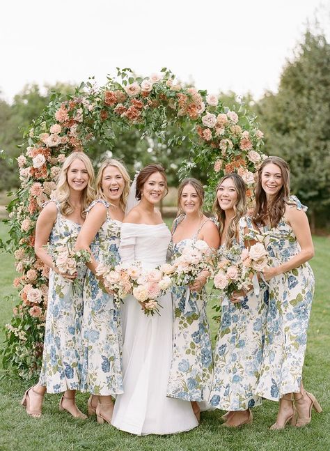 Bridesmaids in floral Reformation dresses for Bear Flag Farm wedding in the Fall || The Ganeys #bridesmaids #reformationdress #bearflagfarmwedding Locks Of Love, Printed Bridesmaid Dresses, Love Bridge, Pretty Bridesmaid Dresses, Bear Flag, Wedding Party Flowers, Floral Bridesmaid Dresses, Tablescape Inspiration, Floral Bridesmaid