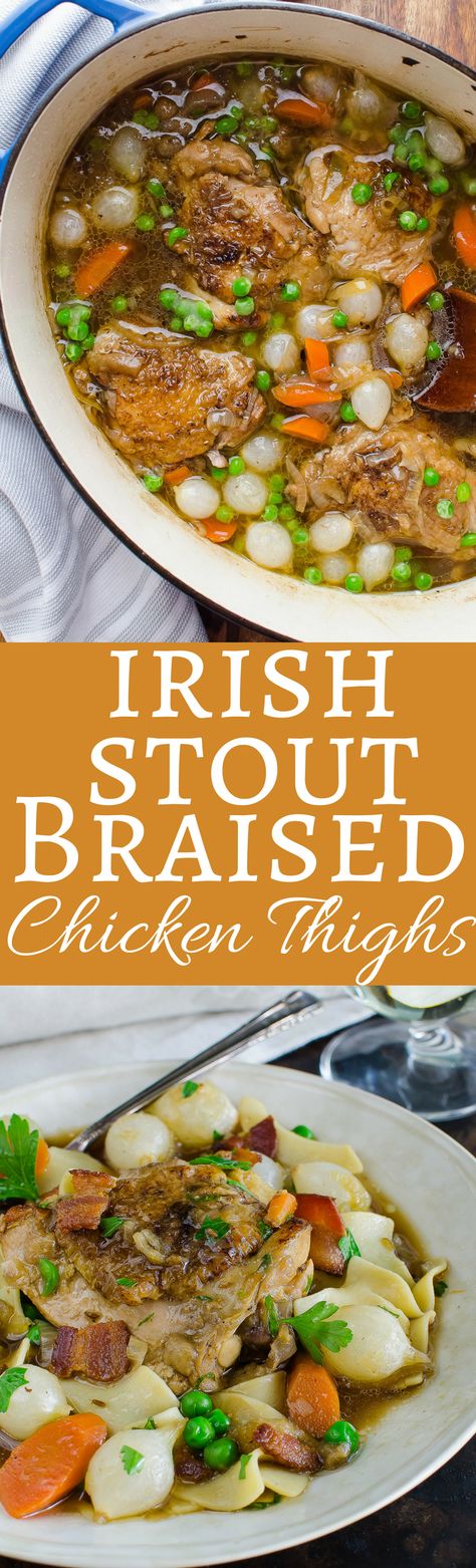 This easy chicken recipe uses Guinness to make a savory gravy perfect for Saint Patrick's Day! This one-pot recipe is loaded with onions, carrots, peas and bacon with meaty chicken thighs! Peas And Bacon, Braised Chicken Recipes, Crockpot Chicken Spaghetti, Braised Chicken Thighs, Easy Chicken Recipe, Crockpot Chicken Breast, Club Birthday, Thighs Chicken, Chicken Crockpot