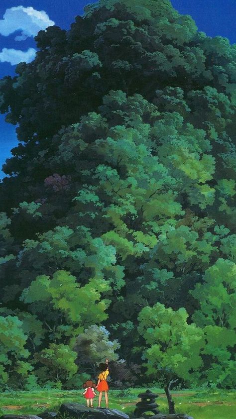 Studio Ghibli Tree Green Art Illustration Love Anime iPhone 6 wallpaper Ghibli Illustration, Studio Ghibli Films, Art Studio Ghibli, Studio Ghibli Background, Ghibli Artwork, Studio Ghibli Movies, Studio Ghibli Art, Ghibli Movies, Ghibli Art