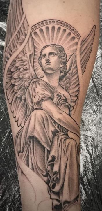 Star Sleeve Tattoo, Angel Sleeve Tattoo, Angel Back Tattoo, Angel Tattoo For Women, Guardian Angel Tattoo Designs, Angelo Guerriero, Guardian Angel Tattoo, Archangel Tattoo, Angel Tattoos