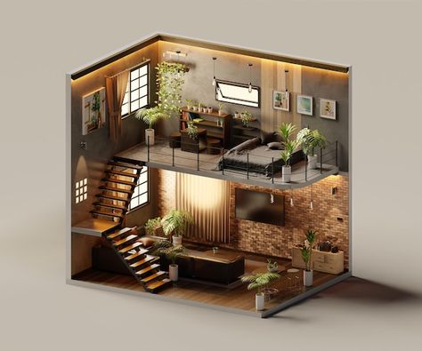 Photo isometric living room open inside ... | Premium Photo #Freepik #photo #3d-interior #isometric-bedroom #apartment-interior #bedroom Isometric Living Room, Minimal Cafe, Cafe Store, Inside Interiors, Architecture 3d, Apartment Room, Apartment Design, 3d Rendering, Interior Design Bedroom