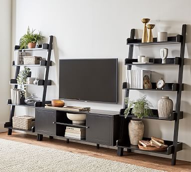 Studio Media Console & Ladder Shelf Set #potterybarn Tv Wallpaper Design, Media Wall Shelves, Pottery Barn Shelves, Entryway Wall Shelf, Tv Wall Shelves, Tv Wallpaper, Tv Stand Decor, Green Acres, Tv Wall Decor