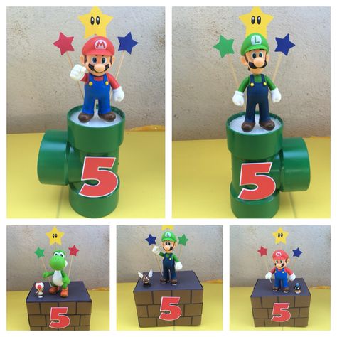 Super Mario centerpieces Mario Themed Centerpieces, Super Mario Bros Party Ideas Centerpieces, Diy Mario Centerpieces, Mario And Luigi Centerpieces, Super Mario Bros Centerpieces, Super Mario Birthday Party Centerpiece, Super Mario Bros Party Centerpieces, Mario Brothers Party Decorations, Mario Table Centerpiece