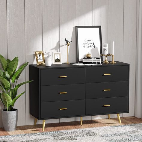 White And Gold Dresser, Dresser Dresser, Wide Chest Of Drawers, Modern Chests, Gold Dresser, Black Dressers, Bedroom Drawers, Dresser For Bedroom, 7 Drawer Dresser