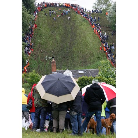 The Cheese Rolling event on Coopers Hill in Gloucester takes place every year on the Spring Bank Holiday, in a tradition dating back at least 200 years Wife Carrying, Cheese Rolling, Festivals Around The World, English History, Village Life, Gloucester, British Isles, Extreme Sports, Uk Travel