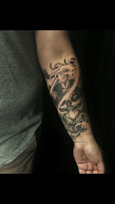 Hanya Forearm Tattoo, Inner Forearm Tattoo Men Japanese, Oni Mask Tattoo Half Sleeve, Oni Mask Forearm Tattoo, Asian Forearm Tattoo, Oni Mask Tattoo Sleeve, Forearm Filler Tattoo, Samurai Forearm Tattoo, Samurai Tattoo Forearm