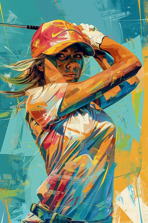 Pop Art Woman Playing Golf Ruslan Lobanov, Colorful Graphic Design, Inspirational Digital Art, Pop Art Women, Light Cyan, Pop Art Illustration, Playing Golf, Driving Range, Play Golf