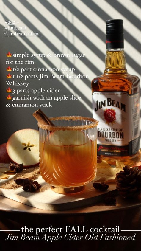 Jim Beam | Fall Cocktail inspo | apple cider old fashioned | Old fashioned | Jim Beam bourbon whiskey | apple cider cocktails Apple Cider Whiskey Smash, Vanilla Old Fashioned Cocktail, Jim Beam Apple Drinks, Jim Beam Drinks, Apple Cider Old Fashioned Cocktail, Jim Beam Cocktails, Bourbon And Apple Cider Cocktail, Hot Apple Cider Bourbon Cocktail, Vanilla Drinks