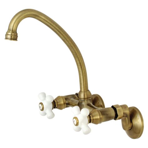 Wall Mount Kitchen Faucets | Kingston Brass Antique Brass Faucet, Wall Mount Kitchen Faucet, Elegant Architecture, Brass Kitchen Faucet, Wall Mount Faucet Bathroom, Traditional Homes, Wall Mount Faucet, Brass Faucet, Faucet Handles