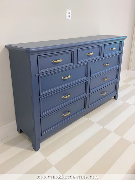 Blue Paint Furniture Diy, Dark Blue Chest Of Drawers, Chest Of Drawers Makeover Diy Paint, Navy Blue Dressers Painted, Chest Of Drawers Makeover Diy, Blue Dressers, Remodeling Furniture, Drawers Makeover, Dresser Paint