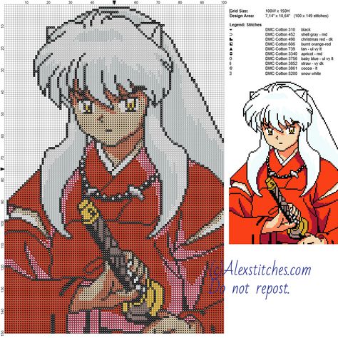 Inuyasha free cross stitch pattern 100x150 10 colors - free cross stitch patterns by Alex Inuyasha Cross Stitch, Free Cross Stitch Charts Pattern, Cross Stitch Anime Patterns, Anime Cross Stitch Patterns Free, Anime Cross Stitch Patterns, Cross Stitch Anime, Anime Cross Stitch, Stitch Anime, Free Cross Stitch Designs