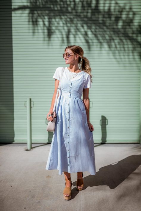 Light Blue Dress Outfit Casual, T Shirt Under Dress, Light Blue Dress Outfit, Blue Spring Dress, Shirt Under Dress, Blue Spring Dresses, Elle Apparel, Midi Flare Dress, Blue Dress Outfits