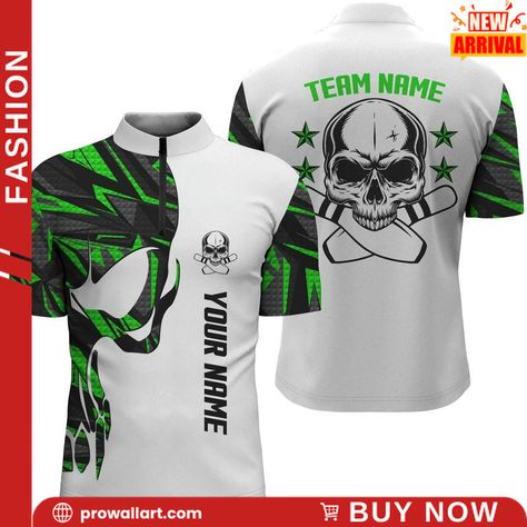 Green And White Bowling Quarter Zip Shirts For Men Custom Name Skull Bowling, Men Bowling Team Shirts Nqs4699 - Prowallart Skull Collection. Use our fashionable shirts to spruce up your closet. Our shirts, which are made of high-quality fabrics, effortlessly blend comfort and style. Our selection has the ideal option whether you're dressed up for a formal occasion or choosing a more relaxed style. Find a variety of hues and designs to complement your individual style. Utilize our shirts to enhance your fashion game and make a statement. #bowling #art skull #owl #Shirt #Prowallart