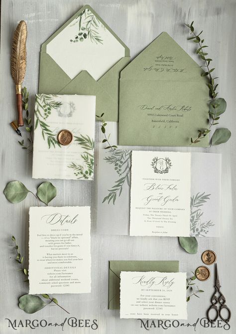 Introducing the Blair collection for the modern, romantic bride. “Through collaboration with Margo and Bees, we designed the Blair Collection, a timeless suite for the modern, romantic bride. Featuring deckled edges, watercolor vellum, and custom wax seals, this suite is sure to establish the ambience for what’s to come on your big day.” -Blair Fowler Wedding Inspiration Sage Green, Sage Green Wedding Invitations, Boho Style Wedding Invitations, Italian Wedding Invitations, Green Invitations, Gold Wedding Invitation, Monogram Wedding Invitations, Sage Wedding, Affordable Wedding Invitations