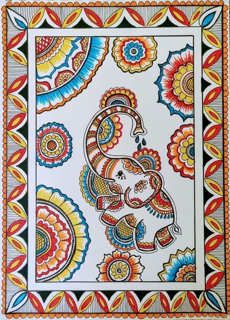 Madhubani Elephant, Madhubani Paintings Peacock, Ganesh Art Paintings, Easy Mandala Drawing, Boho Art Drawings, Mandala Art Therapy, Beautiful Art Paintings, Mandala Art Lesson, Easy Canvas Art