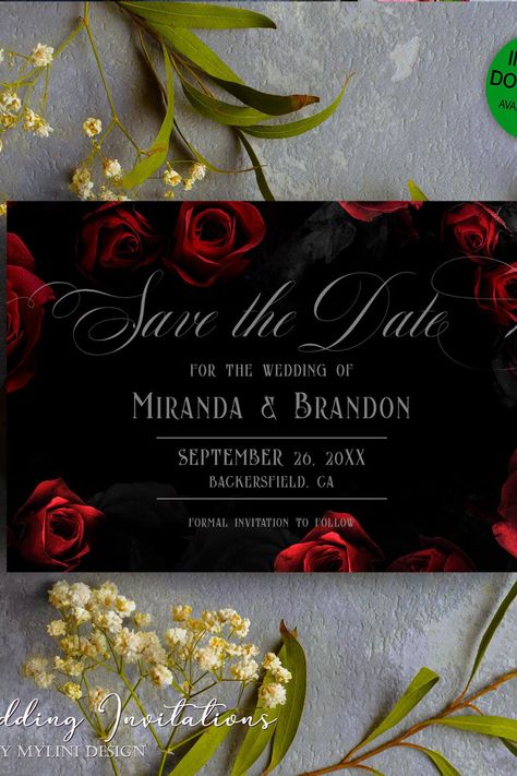 Custom Floral Gothic Save The Date Card Red And Purple Wedding Invitations, Black And Dark Red Wedding, Black And Red Wedding Ideas, Black And Red Wedding Invitations, Red And Black Wedding Invitations, Red And Black Wedding Theme, Gothic Wedding Invitations, Rustic Wedding Save The Dates, Black And Red Roses