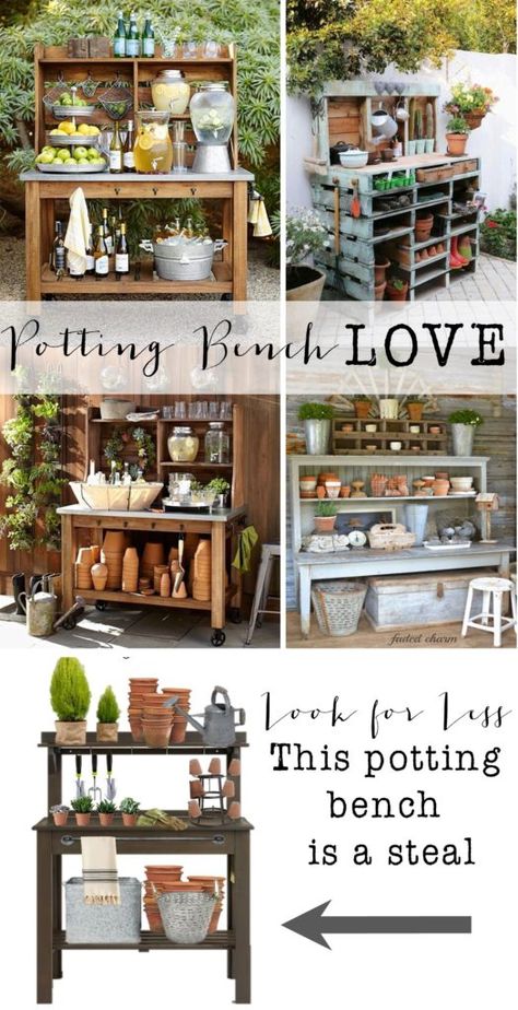 Potting Bench Love- look for less - House of Hargrove Gardening Table, Potting Bench Ideas, Potting Bench Plans, Potting Station, Outdoor Potting Bench, Drink Stations, Potting Benches, Potting Tables, Potting Table