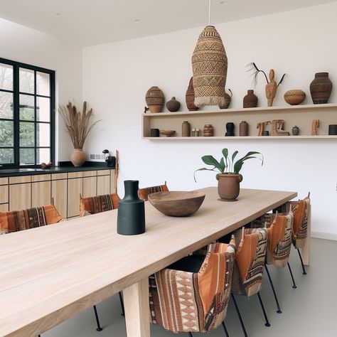 Afro Scandinavian Interior, African Dining Room Decor Ideas, African Inspired Dining Room, African Inspired Kitchen, Afro Minimalist Decor, African Kitchen Design, Modern African Decor Living Rooms, African Dining Room, Afro Modern Decor